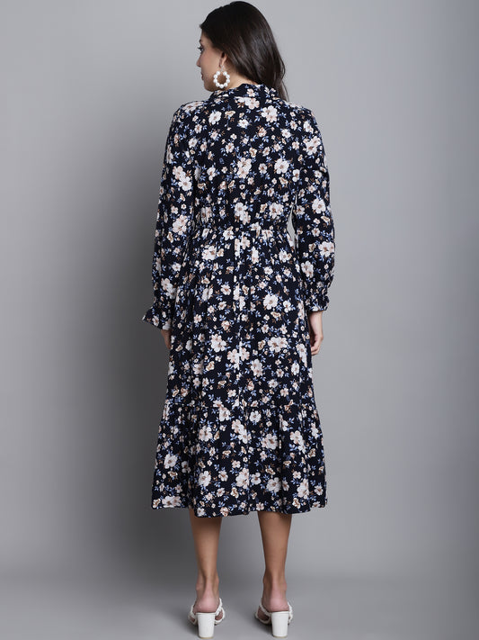 Cantabil Women Black Tie-up Neck Floral Printed 3/4th Sleeves Casual Dress (7165916446859)