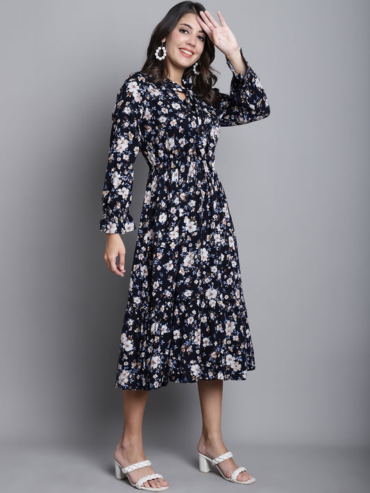 Cantabil Women Black Tie-up Neck Floral Printed 3/4th Sleeves Casual Dress (7165916446859)