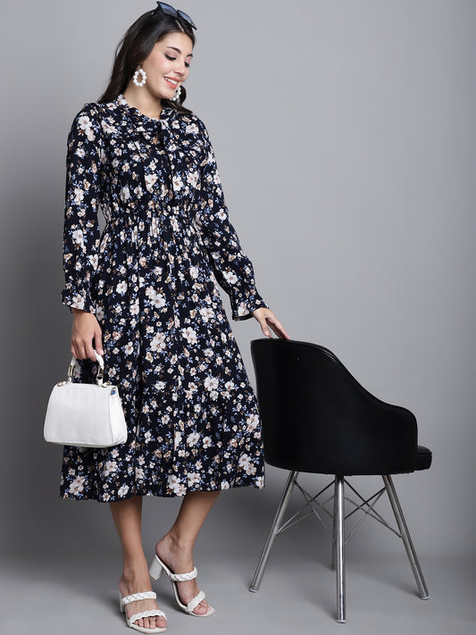 Cantabil Women Black Tie-up Neck Floral Printed 3/4th Sleeves Casual Dress (7165916446859)