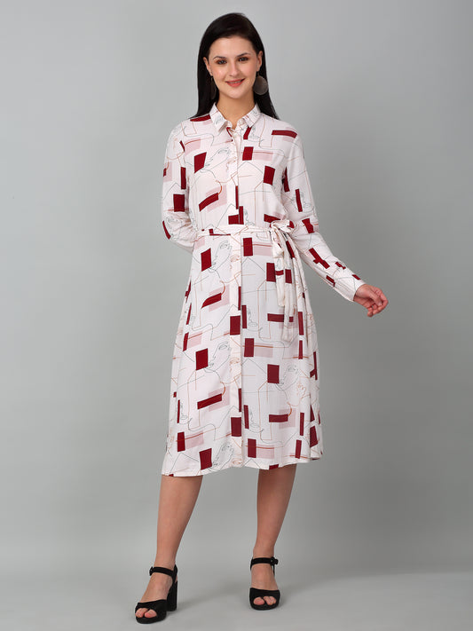Women Ivory Collar-Neck Printed Dress
