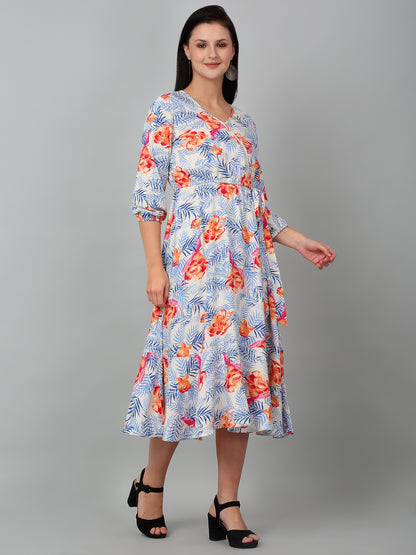 Women Sky Blue V-Neck Printed Dress