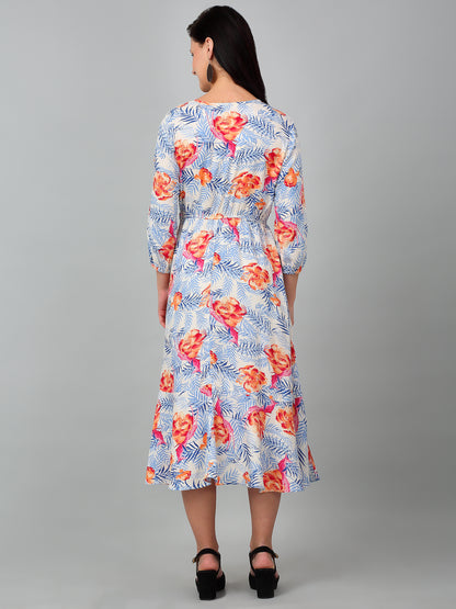 Women Sky Blue V-Neck Printed Dress