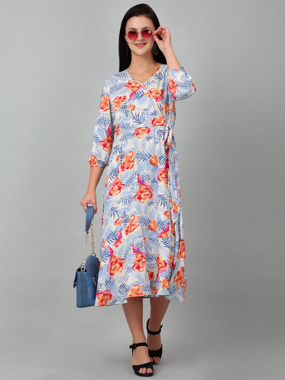 Women Sky Blue V-Neck Printed Dress