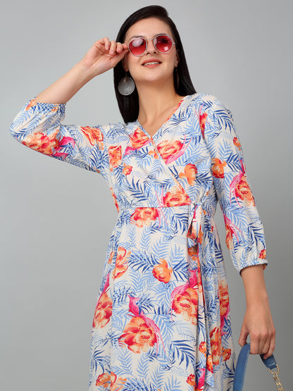 Women Sky Blue V-Neck Printed Dress