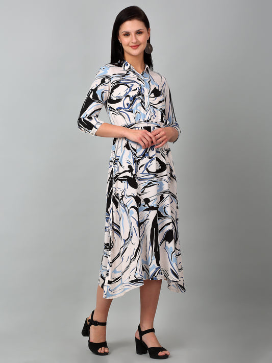 Women's Casual Shirt Collar Multi Color Abstract Print Fit & Flared Dress