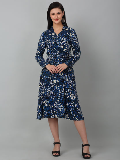 Women's Blue Floral Printed Full Sleeves Casual Dress