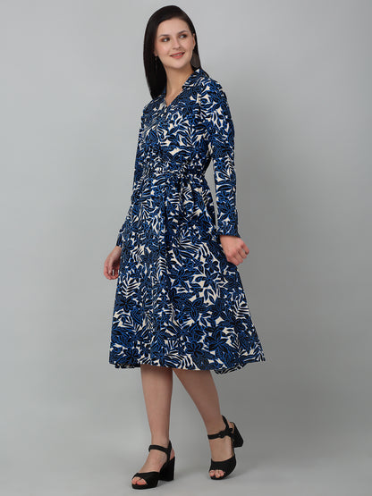 Women's Blue Floral Printed Full Sleeves Casual Dress