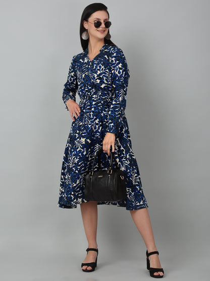 Women's Blue Floral Printed Full Sleeves Casual Dress