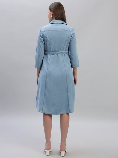 Women's Solid Blue 3/4th Sleeves Spread Collar Casual Dress