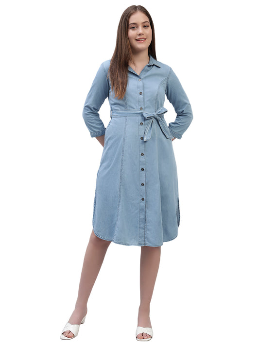 Women's Solid Blue 3/4th Sleeves Spread Collar Casual Dress