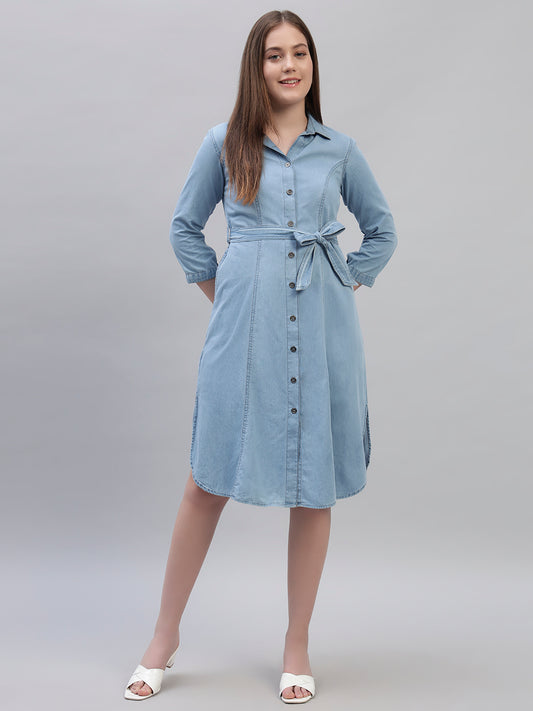 Women's Solid Blue 3/4th Sleeves Spread Collar Casual Dress