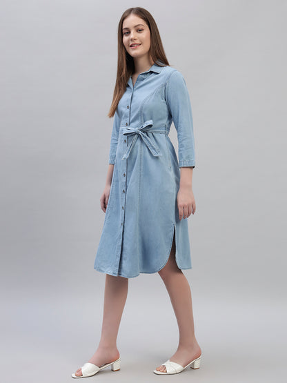 Women's Solid Blue 3/4th Sleeves Spread Collar Casual Dress