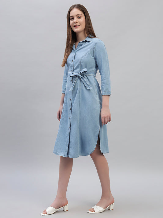 Women's Solid Blue 3/4th Sleeves Spread Collar Casual Dress