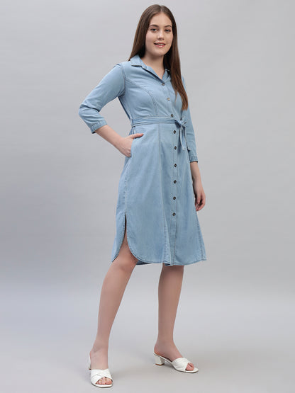 Women's Solid Blue 3/4th Sleeves Spread Collar Casual Dress