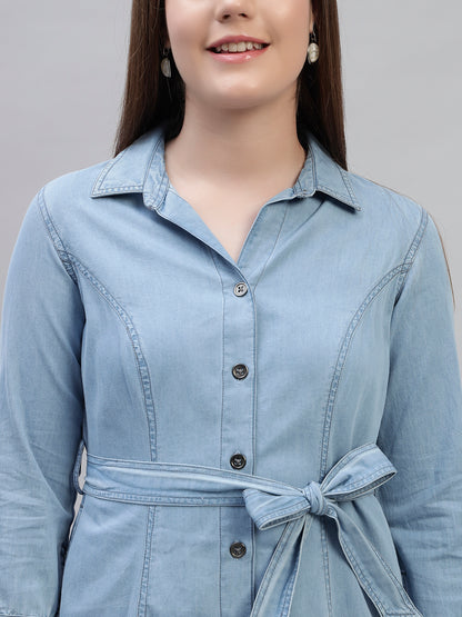 Women's Solid Blue 3/4th Sleeves Spread Collar Casual Dress
