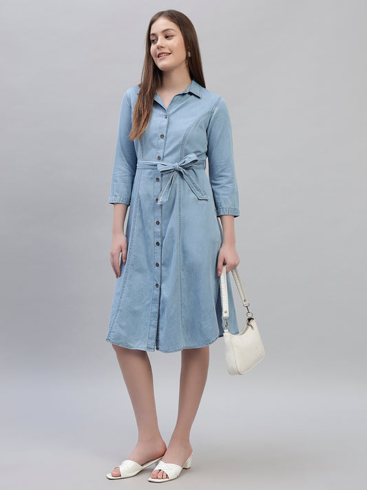 Women's Solid Blue 3/4th Sleeves Spread Collar Casual Dress