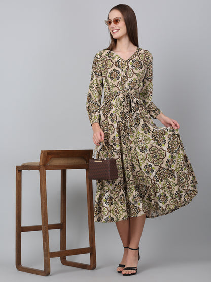 Women Brown V-Neck Printed Dress