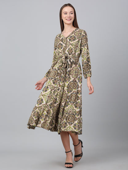 Women Brown V-Neck Printed Dress