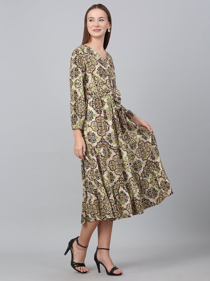 Women Brown V-Neck Printed Dress