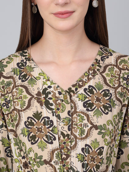 Women Brown V-Neck Printed Dress