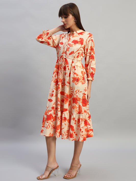 Women's Printed Pink V-Neck 3/4th Sleeves Casual Dress