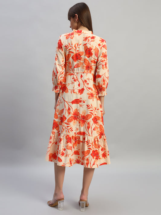 Women's Printed Pink V-Neck 3/4th Sleeves Casual Dress