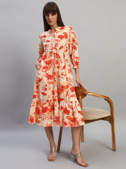 Women's Printed Pink V-Neck 3/4th Sleeves Casual Dress