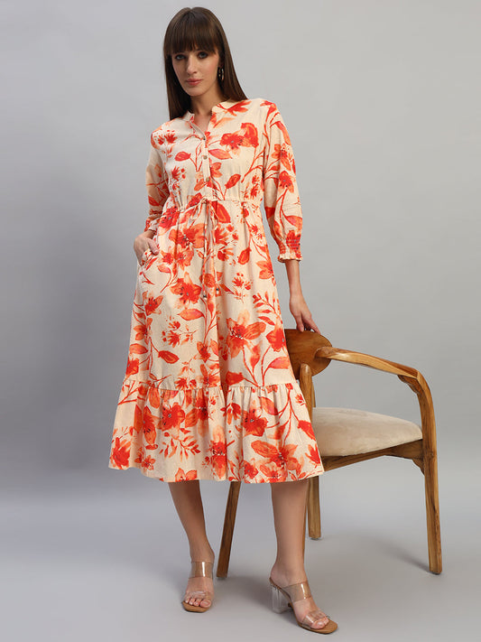 Women's Printed Pink V-Neck 3/4th Sleeves Casual Dress