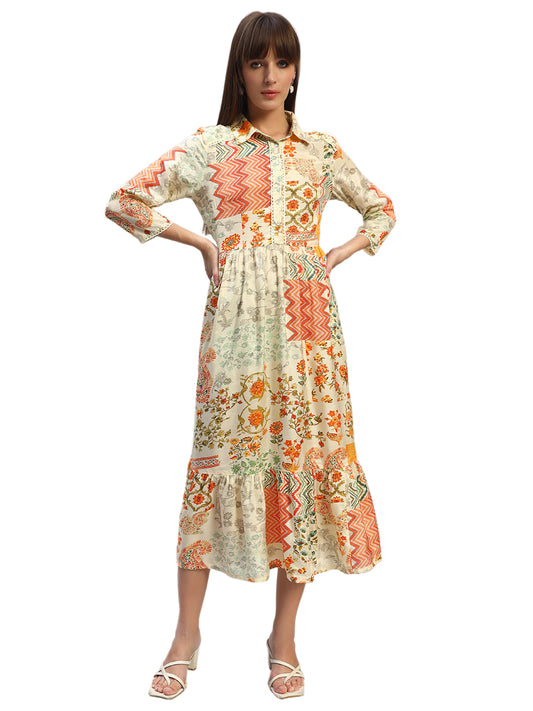 Women's Printed Multi Spread Collar 3/4th Sleeves Casual Dress