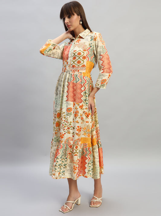 Women's Printed Multi Spread Collar 3/4th Sleeves Casual Dress