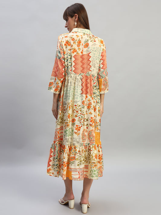 Women's Printed Multi Spread Collar 3/4th Sleeves Casual Dress
