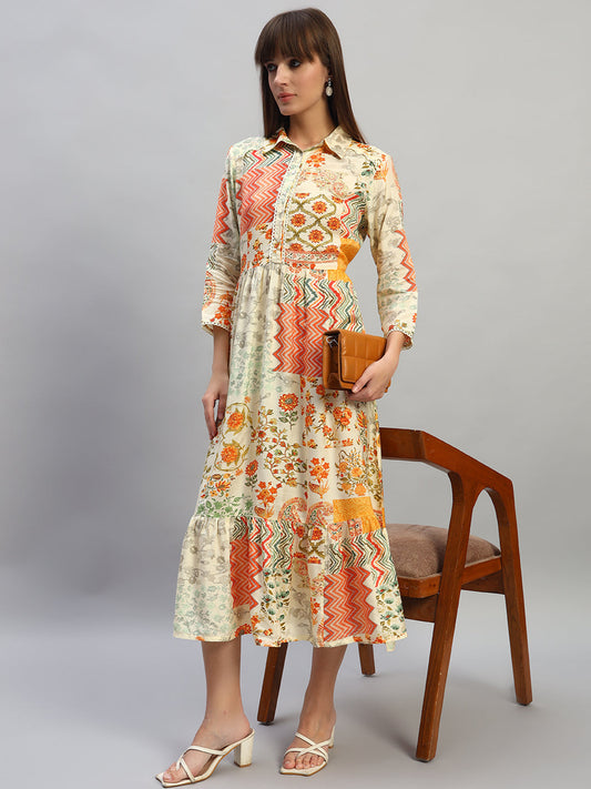 Women's Printed Multi Spread Collar 3/4th Sleeves Casual Dress