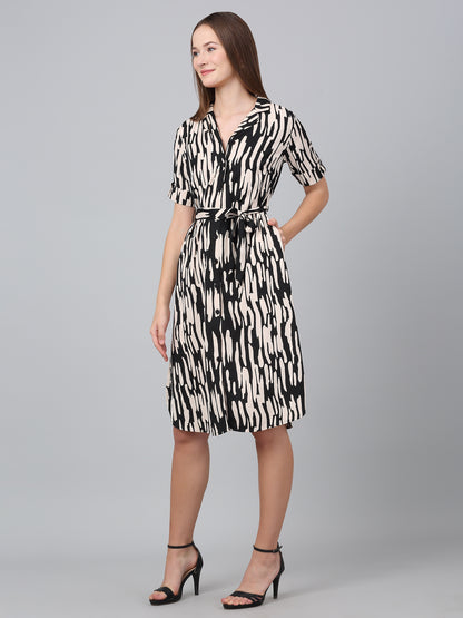 Women Black Shirt Collar Printed Dress