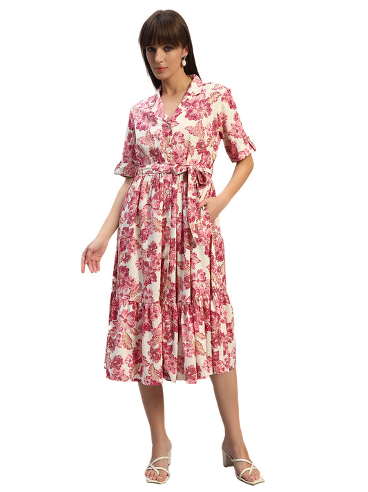 Women's Printed Off-White V-Neck Half Sleeves Casual Dress