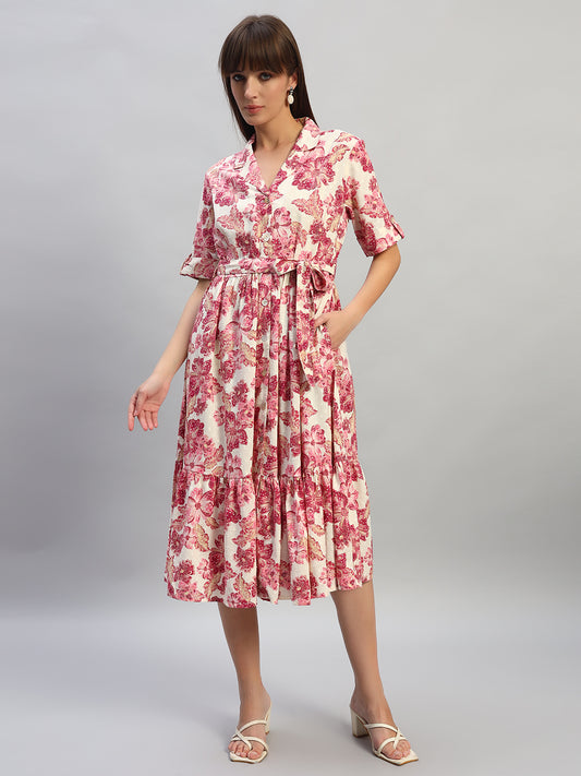 Women's Printed Off-White V-Neck Half Sleeves Casual Dress