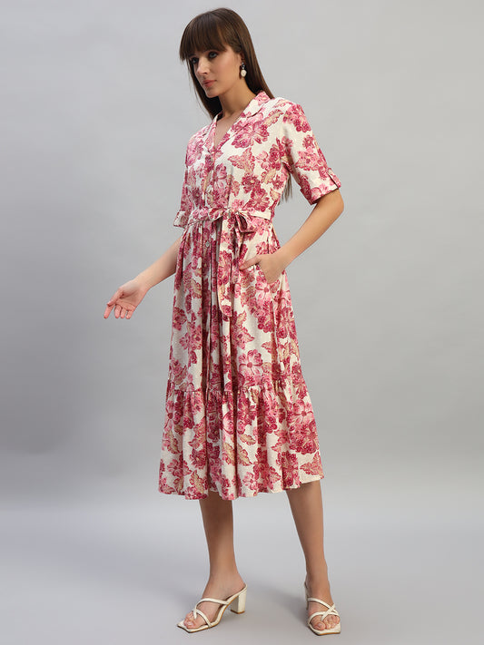 Women's Printed Off-White V-Neck Half Sleeves Casual Dress