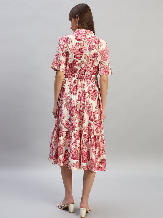 Women's Printed Off-White V-Neck Half Sleeves Casual Dress