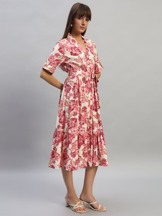 Women's Printed Off-White V-Neck Half Sleeves Casual Dress