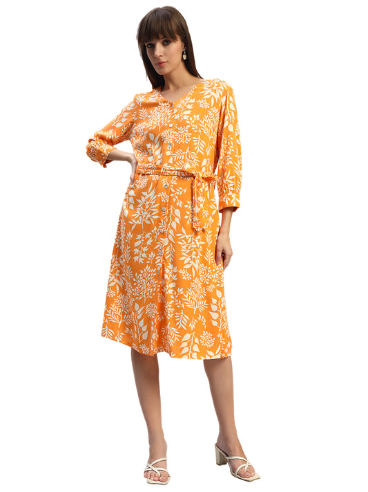 Women's Printed Orange V-Neck 3/4th Sleeves Casual Dress