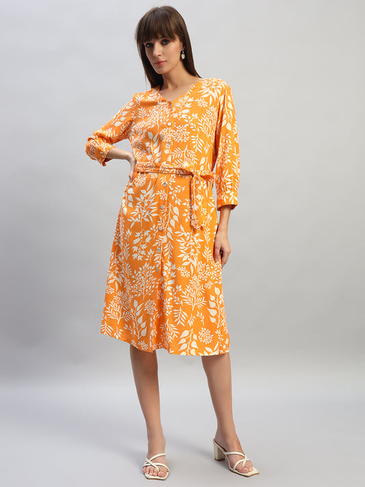 Women's Printed Orange V-Neck 3/4th Sleeves Casual Dress