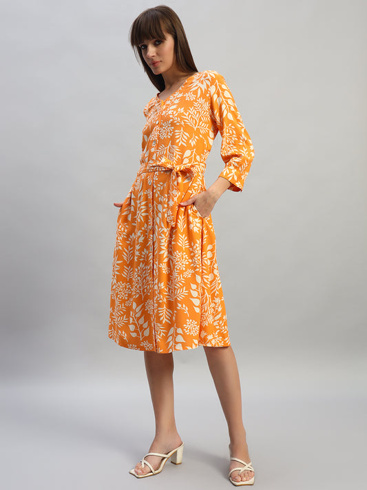 Women's Printed Orange V-Neck 3/4th Sleeves Casual Dress