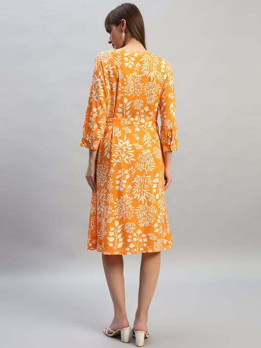 Women's Printed Orange V-Neck 3/4th Sleeves Casual Dress
