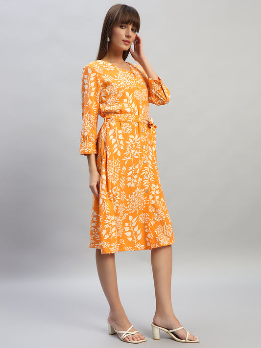 Women's Printed Orange V-Neck 3/4th Sleeves Casual Dress