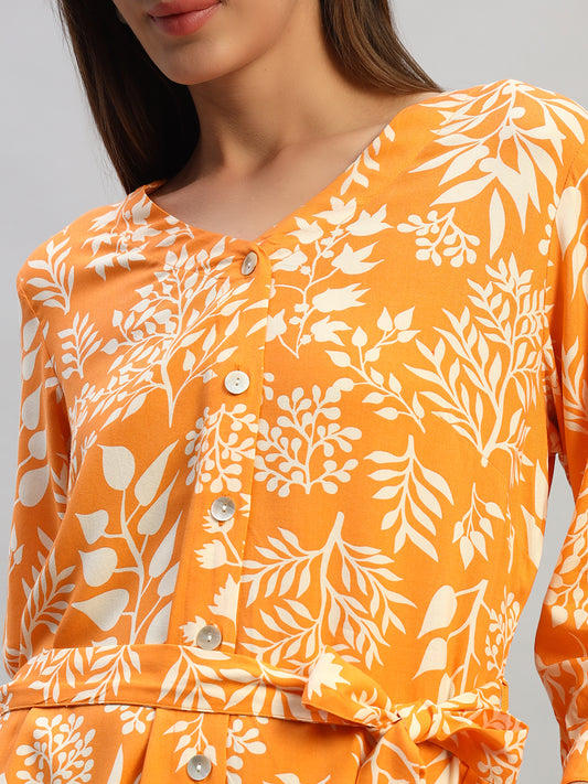 Women's Printed Orange V-Neck 3/4th Sleeves Casual Dress