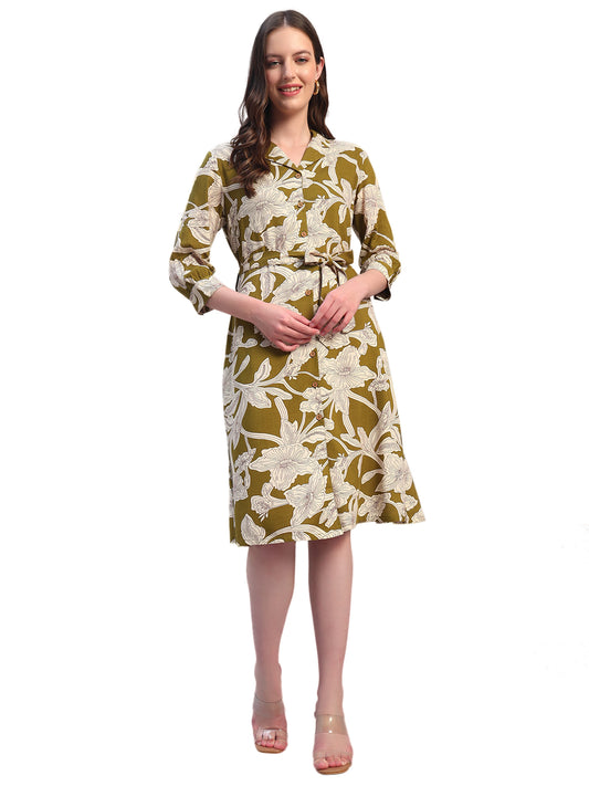Women's Printed Green V-Neck 3/4th Sleeves Casual Dress