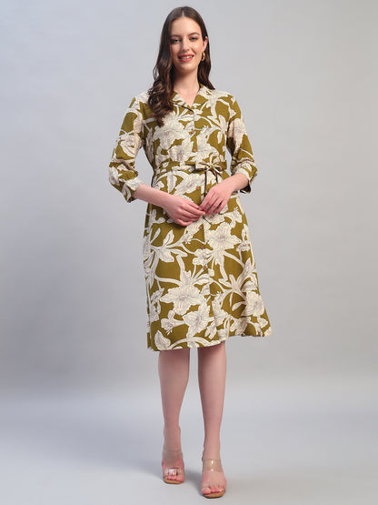 Women's Printed Green V-Neck 3/4th Sleeves Casual Dress