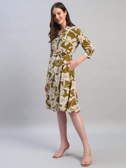 Women's Printed Green V-Neck 3/4th Sleeves Casual Dress