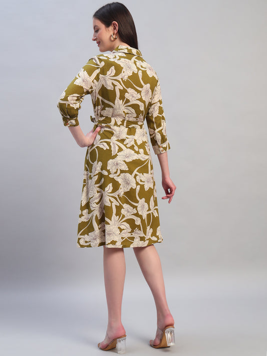 Women's Printed Green V-Neck 3/4th Sleeves Casual Dress