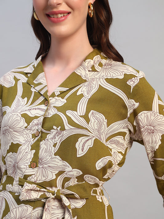 Women's Printed Green V-Neck 3/4th Sleeves Casual Dress