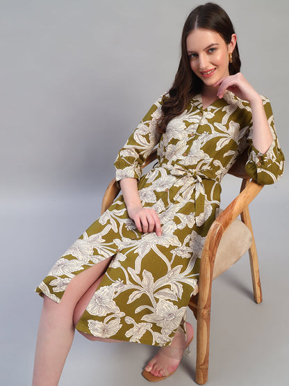 Women's Printed Green V-Neck 3/4th Sleeves Casual Dress
